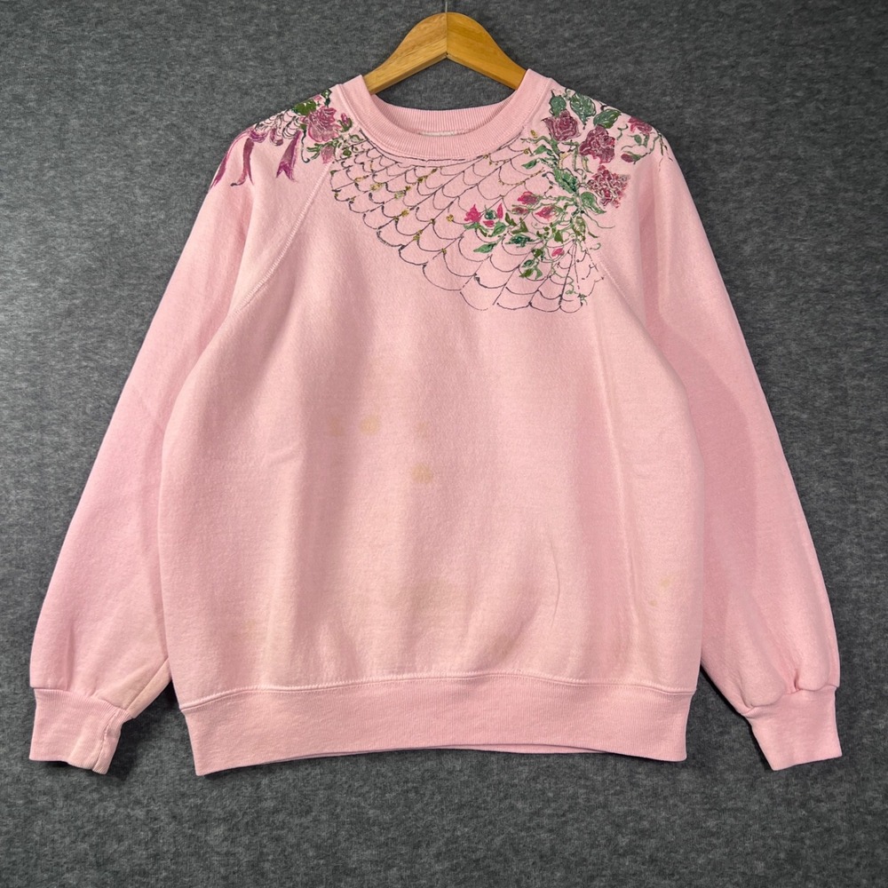 Vintage Lee‎ Sturdy Sweats Pink Hand Painted Floral Rose Sweatshirt XL USA Made